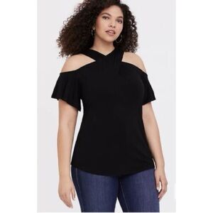 TORRID Super Soft Halter Key Hole Cold Off Shoulder Black Blouse Top 4 4X